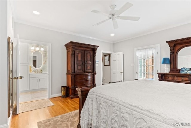 11216 Woodstock Heights Dr, Glen Allen, VA 23059 - bedroom featuring light wood-type flooring, ensuite bathroom, a ceiling fan, crown molding, and recessed lighting
