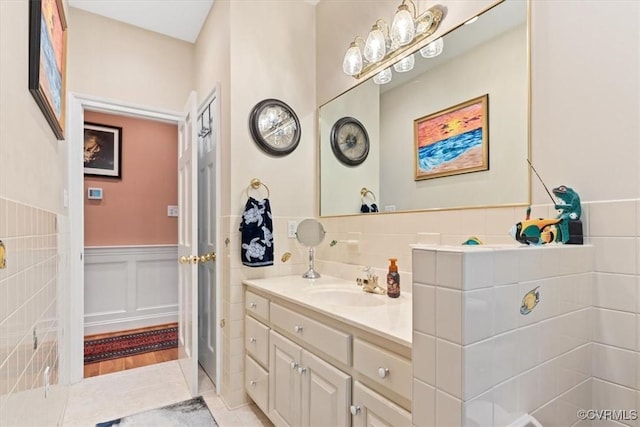 11216 Woodstock Heights Dr, Glen Allen, VA 23059 - bathroom with a wainscoted wall, vanity, and tile patterned flooring