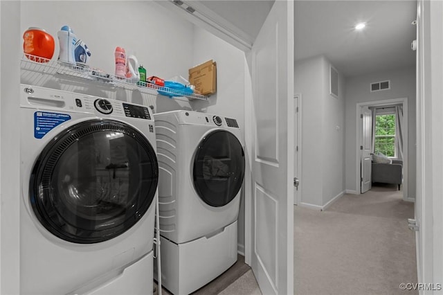 13285 Coalfield Station Ln, Midlothian, VA 23114 - washroom with washing machine and dryer, light carpet, baseboards, and recessed lighting