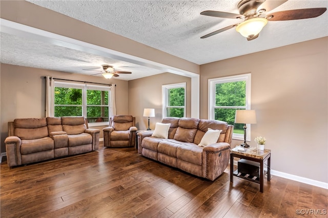 1112 Scotts Bottom Rd, Dillwyn, VA 23936 - living area with a ceiling fan, dark wood-style flooring, a textured ceiling, and plenty of natural light