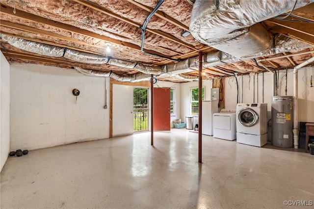 1112 Scotts Bottom Rd, Dillwyn, VA 23936 - below grade area with electric water heater, washing machine and dryer, and concrete block wall