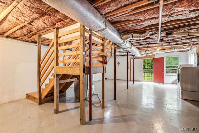 1112 Scotts Bottom Rd, Dillwyn, VA 23936 - basement with washer / dryer, stairway, and concrete block wall