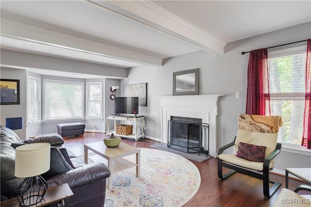 living room with beamed ceiling, plenty of natural light, dark wood-style floors, and a fireplace
