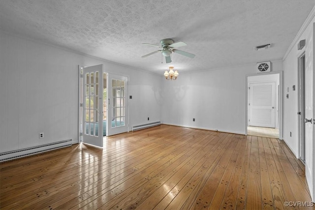 3304 N Marion Ave, Hopewell, VA 23860 - spare room with baseboard heating, a ceiling fan, a baseboard heating unit, a textured ceiling, and hardwood / wood-style floors