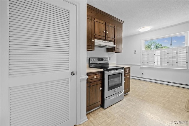 3304 N Marion Ave, Hopewell, VA 23860 - kitchen featuring stainless steel range with electric cooktop, under cabinet range hood, baseboard heating, a textured ceiling, and light countertops