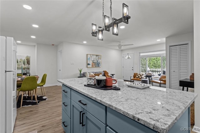 1505 Enon Church Rd, Chester, VA 23836 - kitchen featuring freestanding refrigerator, recessed lighting, light wood-style floors, open floor plan, and a ceiling fan