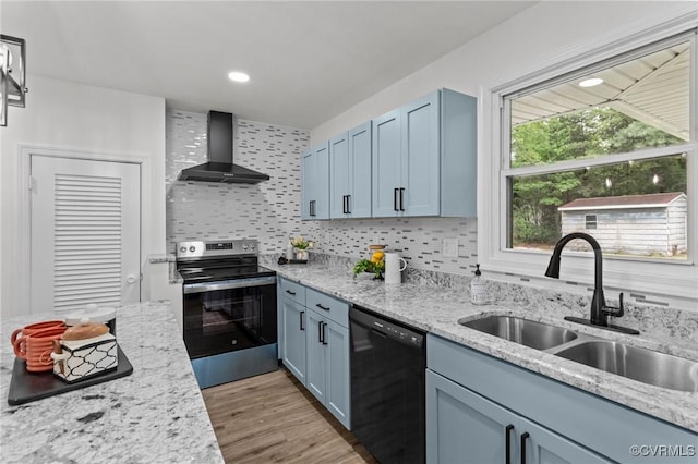 1505 Enon Church Rd, Chester, VA 23836 - kitchen featuring electric range, black dishwasher, wall chimney range hood, a sink, and tasteful backsplash