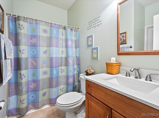 2013 Rose Family Dr, Midlothian, VA 23112 - bathroom featuring toilet, vanity, tile patterned flooring, and a shower with curtain
