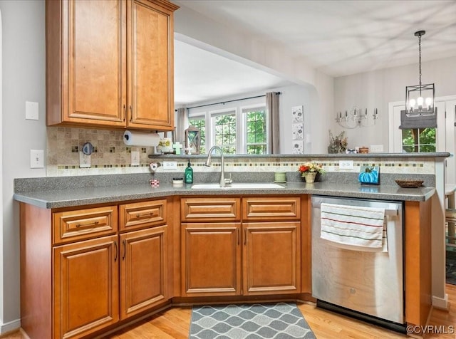 2013 Rose Family Dr, Midlothian, VA 23112 - kitchen with dishwasher, a sink, decorative backsplash, and brown cabinetry