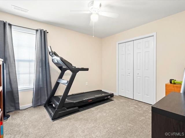 2013 Rose Family Dr, Midlothian, VA 23112 - exercise area featuring carpet floors, ceiling fan, and baseboards
