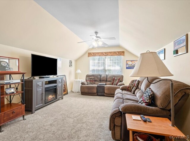 2013 Rose Family Dr, Midlothian, VA 23112 - living room featuring carpet, lofted ceiling, ceiling fan, and a glass covered fireplace