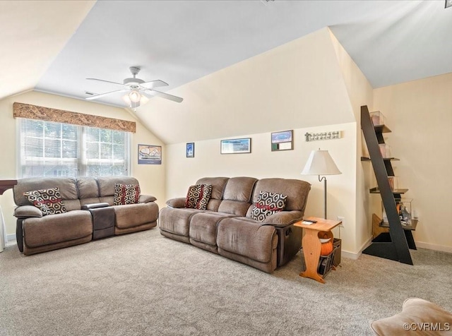 2013 Rose Family Dr, Midlothian, VA 23112 - carpeted living area featuring vaulted ceiling, a ceiling fan, and baseboards