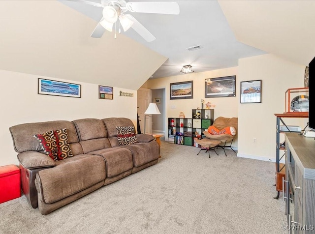 2013 Rose Family Dr, Midlothian, VA 23112 - living area with carpet flooring, ceiling fan, lofted ceiling, and baseboards