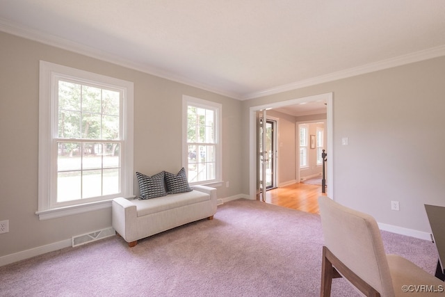 8282 Briarthorn Ct, Mechanicsville, VA 23116 - sitting room featuring light carpet, crown molding, and baseboards