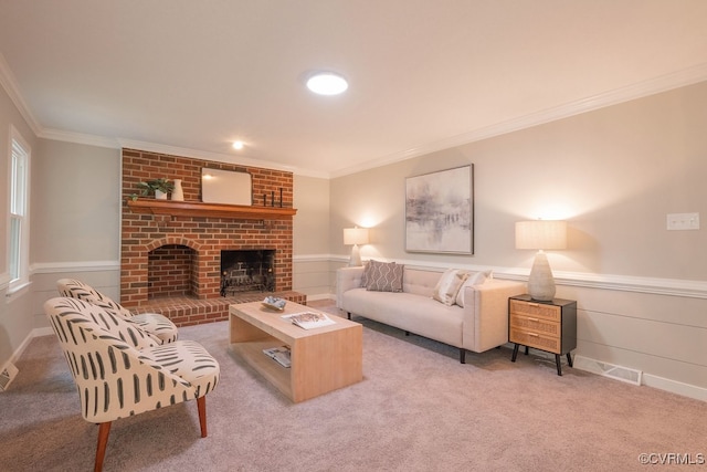 8282 Briarthorn Ct, Mechanicsville, VA 23116 - carpeted living room featuring crown molding and a brick fireplace
