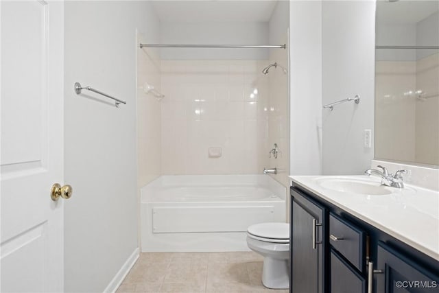 full bath with tile patterned flooring, toilet, vanity, shower / washtub combination, and baseboards
