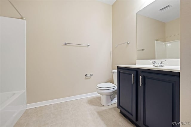 full bathroom with toilet, vanity, tile patterned floors, and baseboards