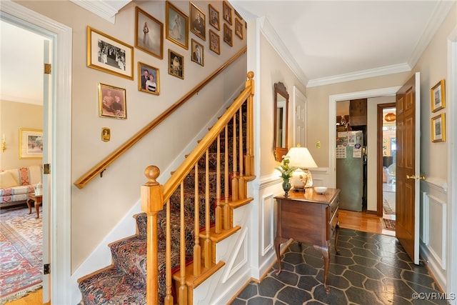 7290 Hill View Dr, Mechanicsville, VA 23111 - stairway featuring ornamental molding and a wainscoted wall