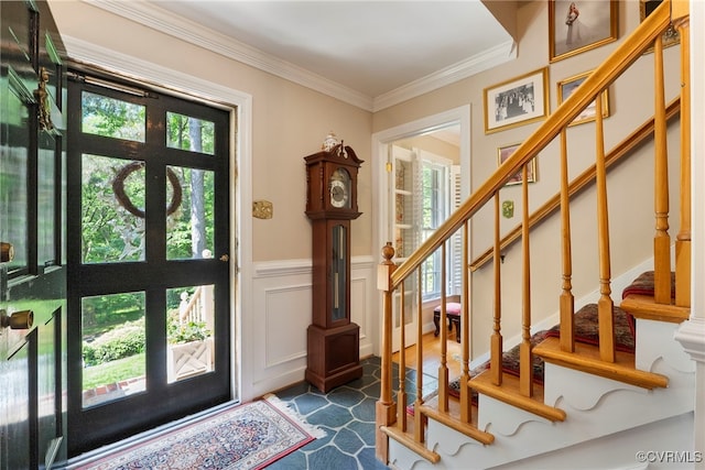 7290 Hill View Dr, Mechanicsville, VA 23111 - foyer featuring stairs, ornamental molding, a wainscoted wall, and a decorative wall