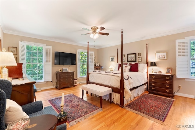 7290 Hill View Dr, Mechanicsville, VA 23111 - bedroom featuring ornamental molding, light wood-style flooring, baseboards, and a ceiling fan
