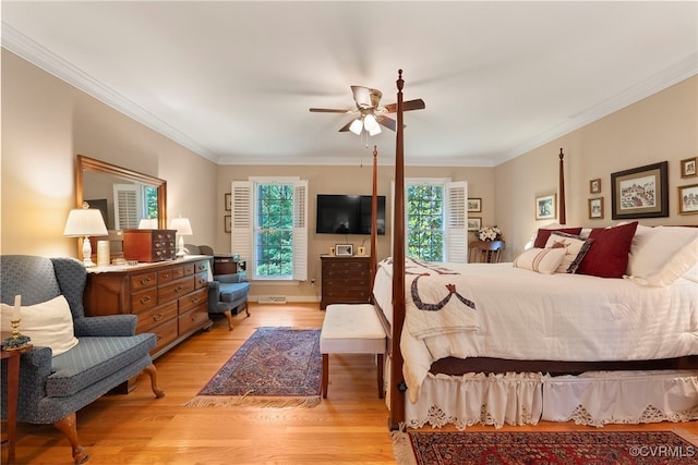 7290 Hill View Dr, Mechanicsville, VA 23111 - bedroom featuring light wood-style floors, ornamental molding, and a ceiling fan
