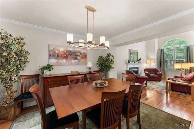 11602 Hardwood Dr, Midlothian, VA 23114 - dining space featuring light wood-style floors, crown molding, a glass covered fireplace, and a chandelier