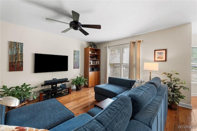 11602 Hardwood Dr, Midlothian, VA 23114 - living room with wood finished floors, a ceiling fan, and baseboards