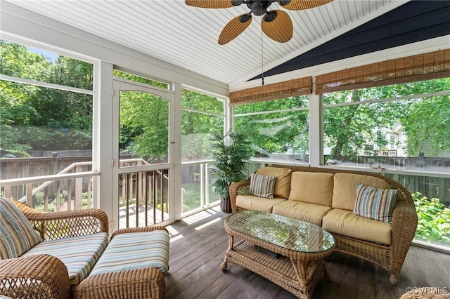 11602 Hardwood Dr, Midlothian, VA 23114 - sunroom / solarium with an outdoor hangout area, lofted ceiling, and a ceiling fan