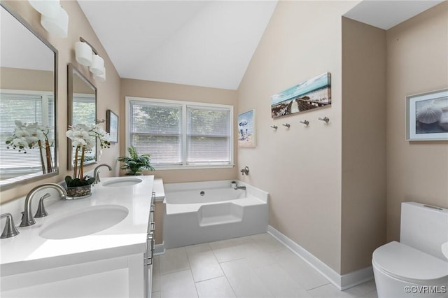 11602 Hardwood Dr, Midlothian, VA 23114 - full bathroom featuring toilet, a bath, vaulted ceiling, baseboards, and double vanity