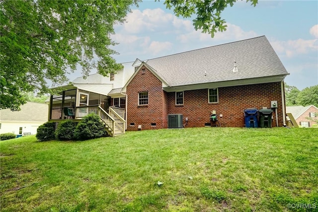 4329 Stebbins St, Chester, VA 23831 - back of house featuring a sunroom, crawl space, brick siding, a yard, and stairway