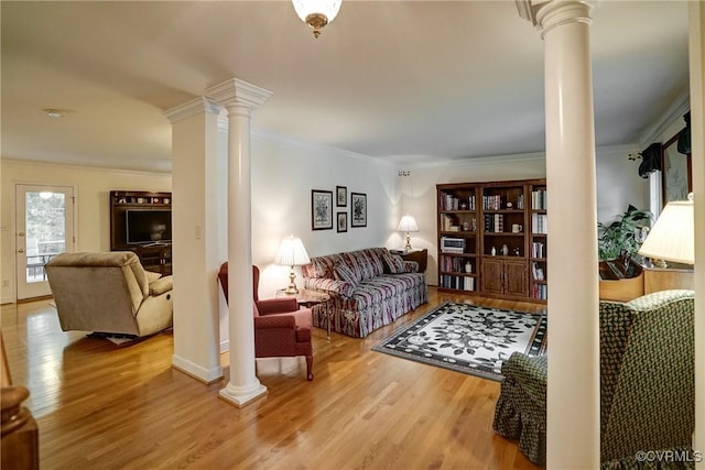 4329 Stebbins St, Chester, VA 23831 - living room with decorative columns, ornamental molding, wood finished floors, and baseboards