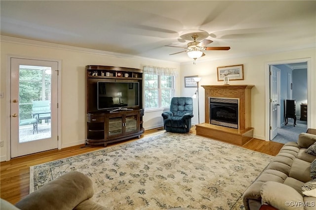 4329 Stebbins St, Chester, VA 23831 - living area featuring crown molding, a ceiling fan, a fireplace with raised hearth, wood finished floors, and baseboards
