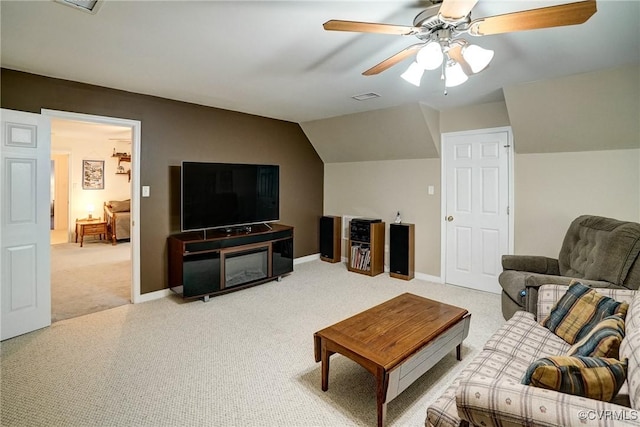 4329 Stebbins St, Chester, VA 23831 - living area with carpet flooring, ceiling fan, lofted ceiling, and baseboards
