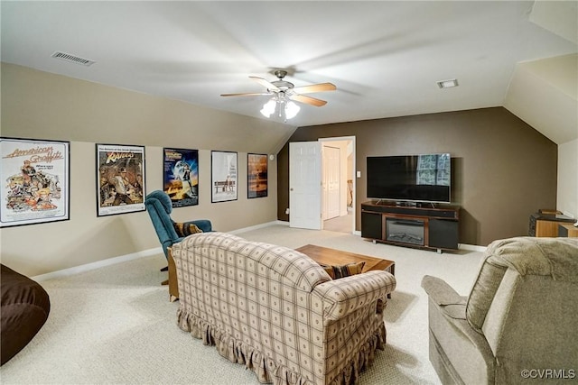 4329 Stebbins St, Chester, VA 23831 - living room featuring light colored carpet, ceiling fan, lofted ceiling, and baseboards