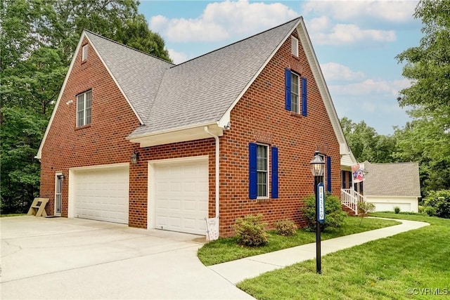 4329 Stebbins St, Chester, VA 23831 - view of side of property with a shingled roof, concrete driveway, brick siding, a yard, and a garage