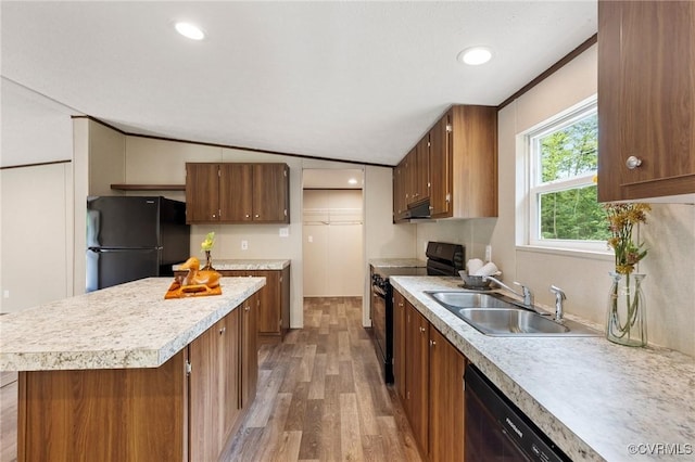 15011 Elm Cottage Rd, Amelia Courthouse, VA 23002 - kitchen featuring black appliances, wood finished floors, a sink, under cabinet range hood, and light countertops