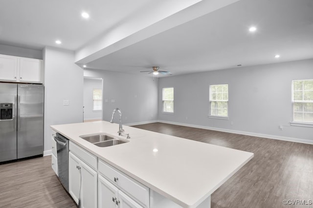 8136 Fedora Dr, Chesterfield, VA 23838 - kitchen with appliances with stainless steel finishes, a sink, recessed lighting, white cabinets, and a ceiling fan