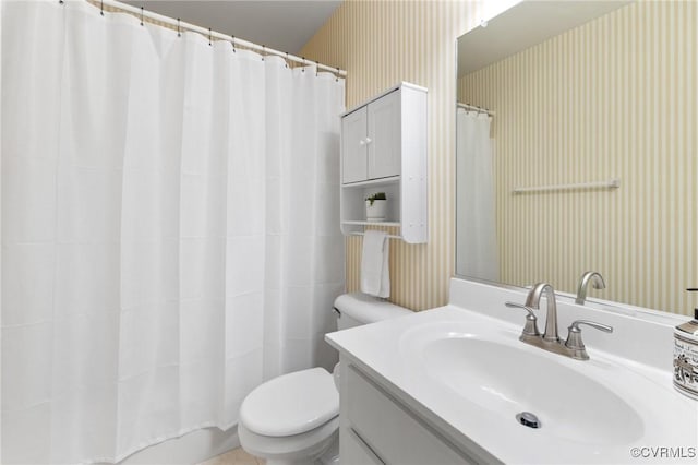 8413 Chandon Ct, Chesterfield, VA 23838 - bathroom with wallpapered walls, toilet, vanity, and a shower with curtain