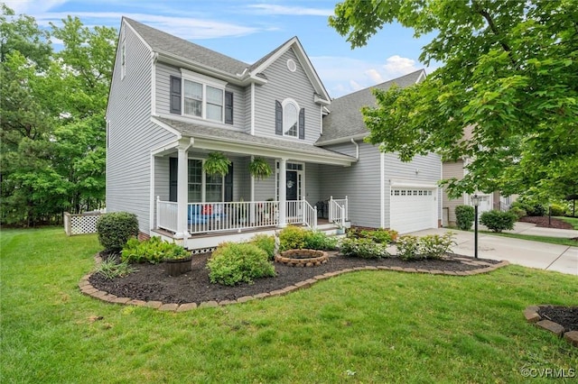 view of front of house with a porch, concrete driveway, a front lawn, and a shingled roof