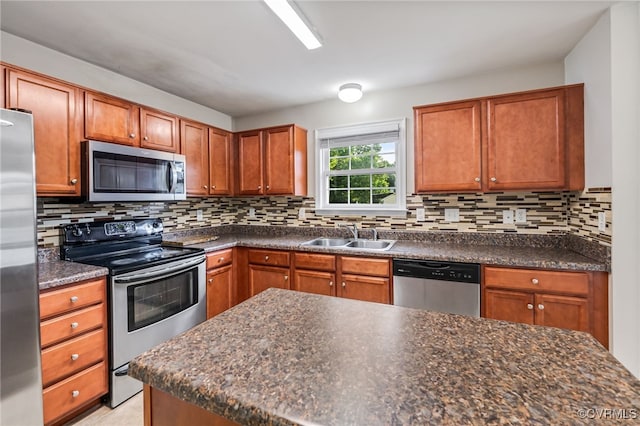 2909 Ginter St, Henrico, VA 23228 - kitchen with appliances with stainless steel finishes, a sink, dark countertops, and brown cabinets