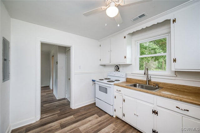 27 Medlock Rd, Sandston, VA 23150 - kitchen with white electric range, a sink, ceiling fan, dark wood-style floors, and white cabinets