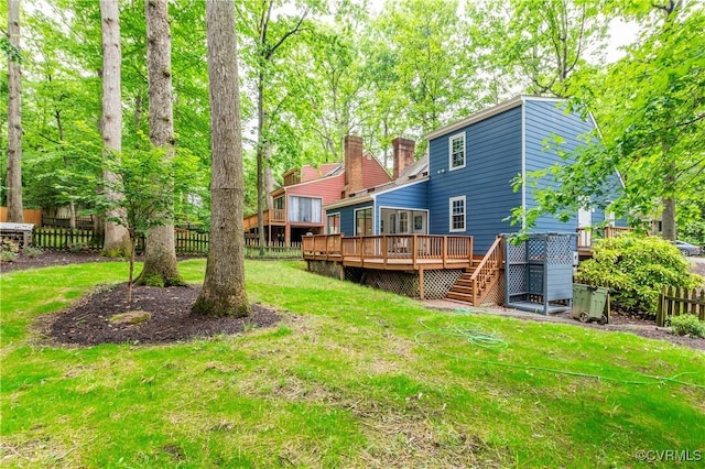 5905 Willow Creek Way, Richmond, VA 23225 - back of property with a wooden deck, stairs, and a chimney