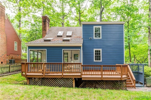 5905 Willow Creek Way, Richmond, VA 23225 - rear view of house with a wooden deck, a chimney, and a shingled roof