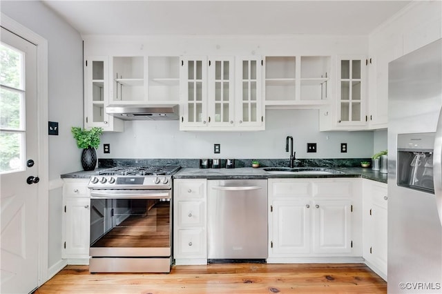 5905 Willow Creek Way, Richmond, VA 23225 - kitchen featuring stainless steel appliances, open shelves, under cabinet range hood, and white cabinets