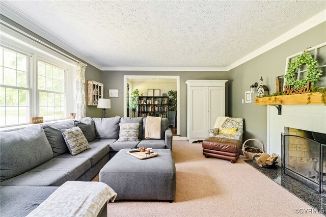 12387 Hanover Courthouse Rd, Hanover, VA 23069 - living area with a fireplace, ornamental molding, carpet, and a textured ceiling