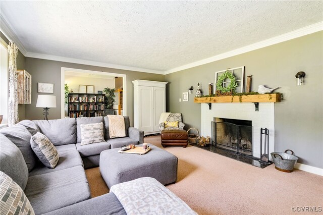 12387 Hanover Courthouse Rd, Hanover, VA 23069 - carpeted living area featuring a textured ceiling, a fireplace, crown molding, and baseboards