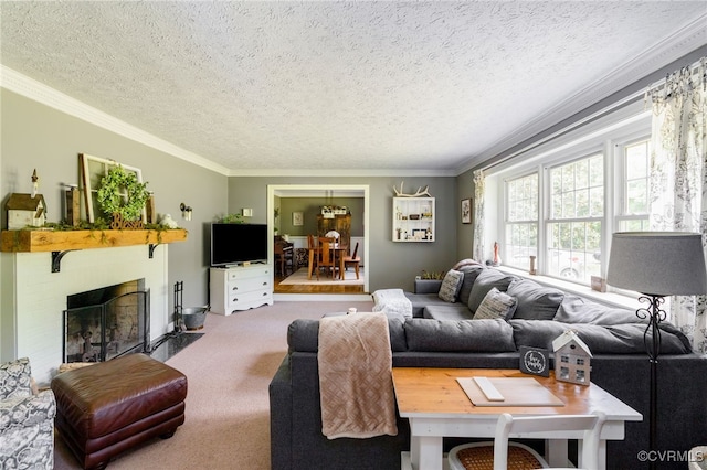 12387 Hanover Courthouse Rd, Hanover, VA 23069 - carpeted living area featuring a textured ceiling, ornamental molding, and a fireplace with flush hearth