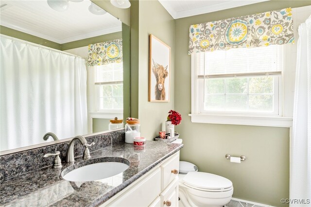 12387 Hanover Courthouse Rd, Hanover, VA 23069 - bathroom with toilet, vanity, baseboards, and crown molding
