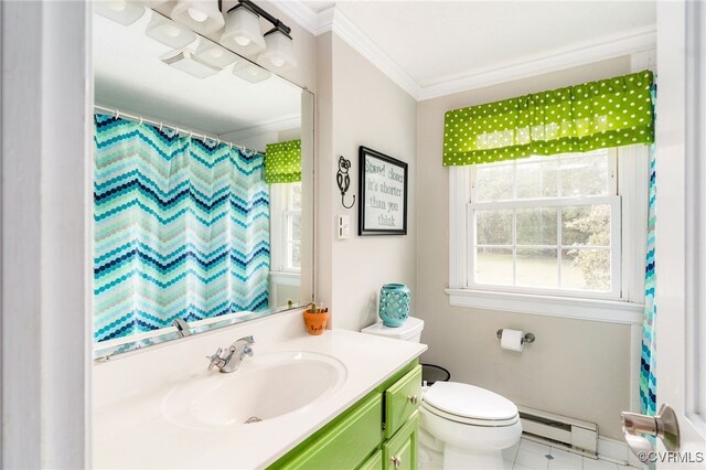 12387 Hanover Courthouse Rd, Hanover, VA 23069 - full bath featuring a baseboard heating unit, crown molding, toilet, vanity, and curtained shower