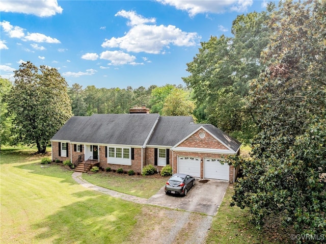 12387 Hanover Courthouse Rd, Hanover, VA 23069 - view of front of house featuring dirt driveway, a garage, brick siding, a front yard, and a chimney